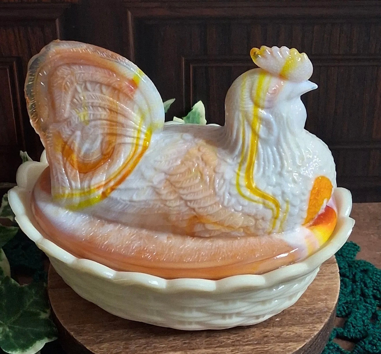 VINTAGE KANAWHA GLASS Hen On Nest Dish Orange Slag Swirl