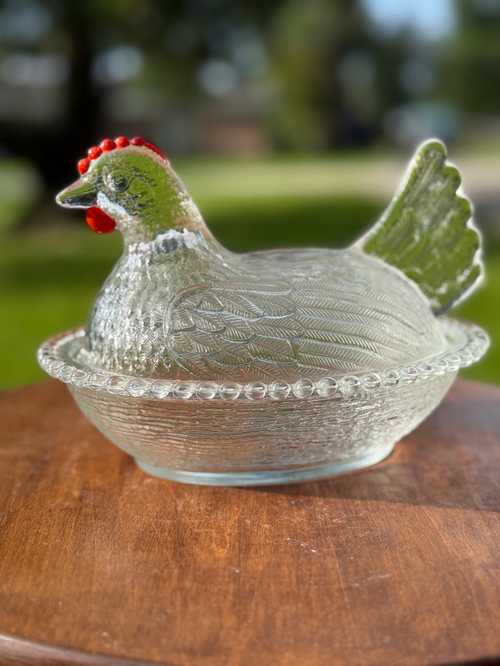 Clear glass Indiana Hen on Nest with Red Frill