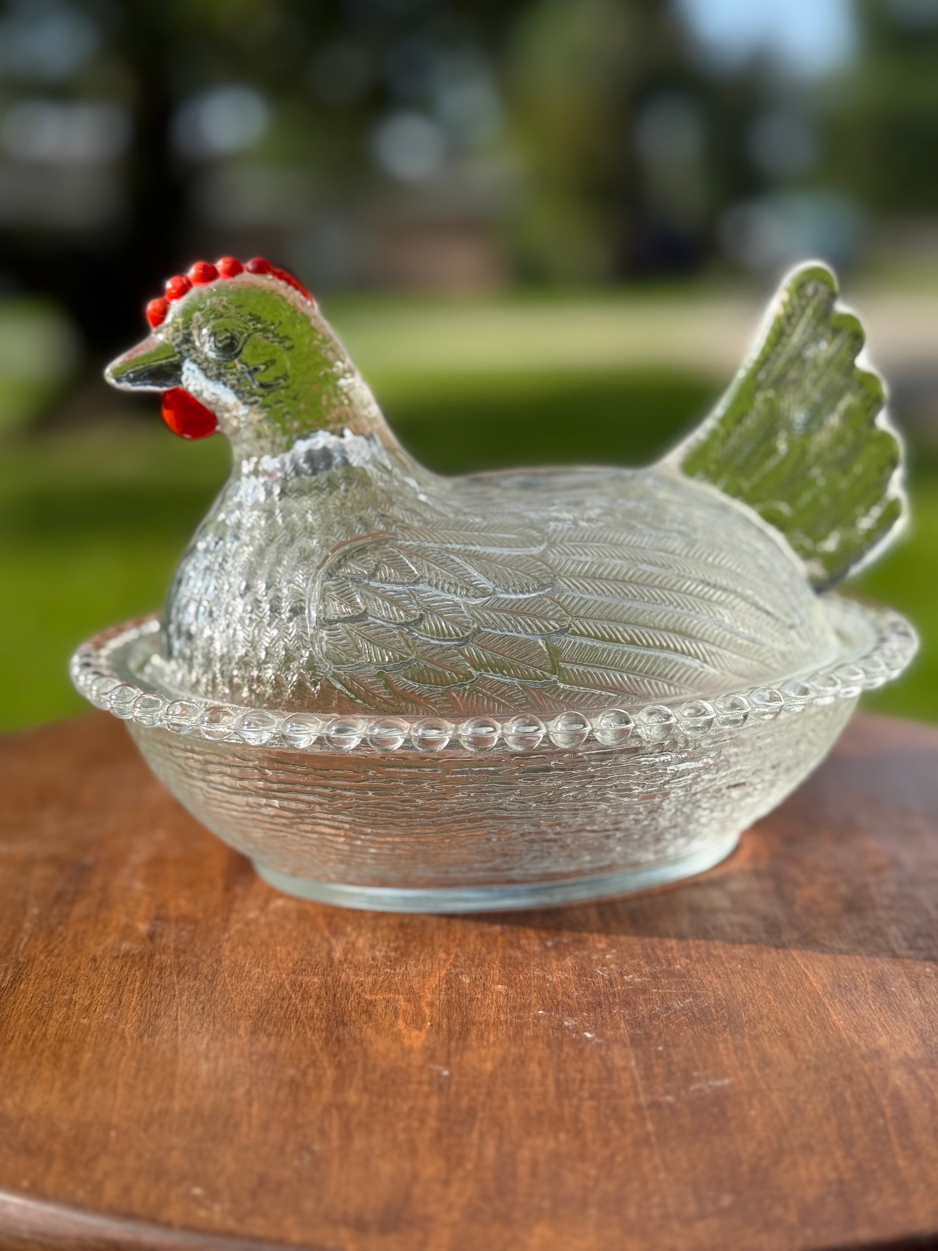 Clear glass Indiana Hen on Nest with Red Frill