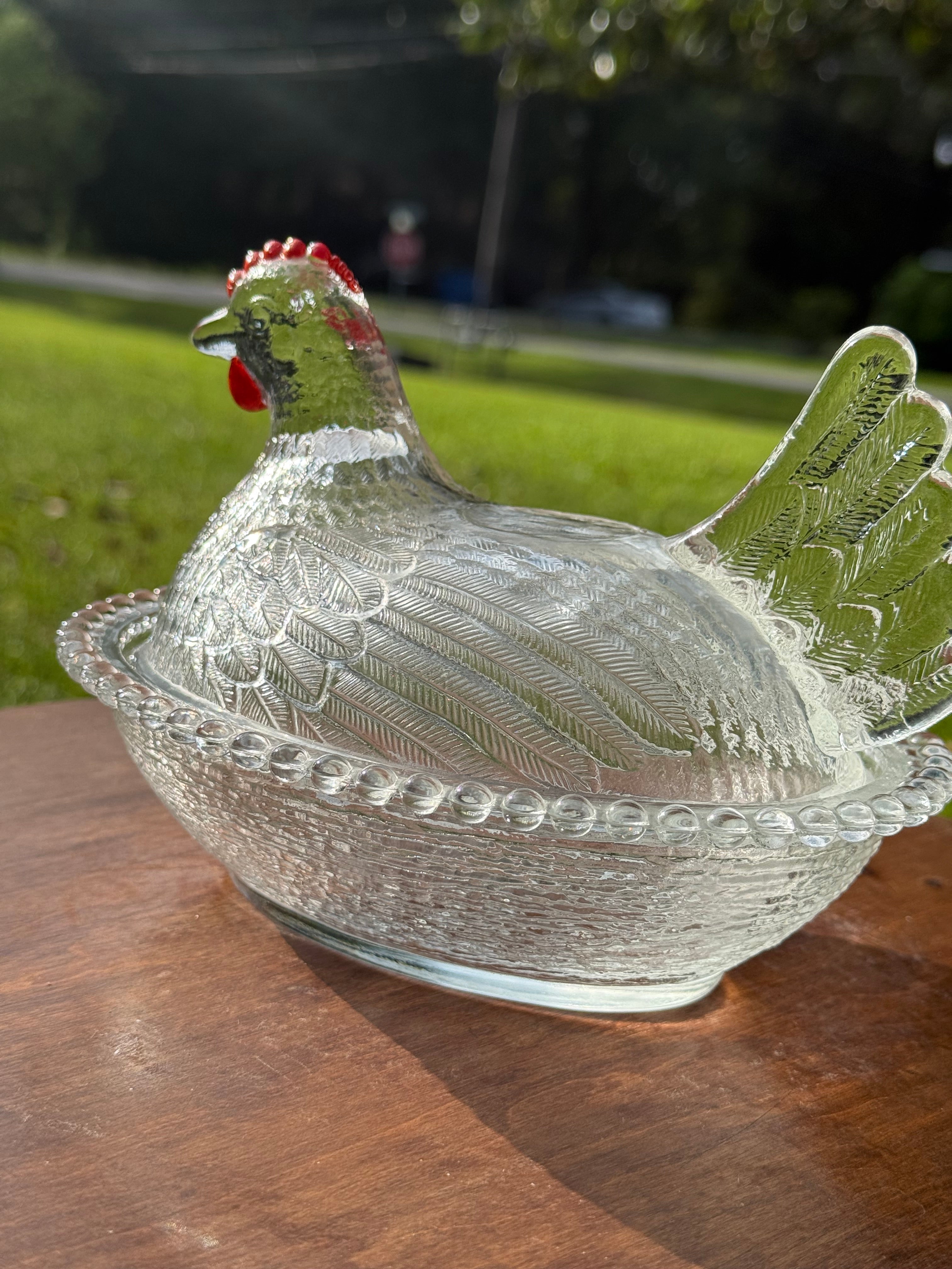 Clear glass Indiana Hen on Nest with Red Frill