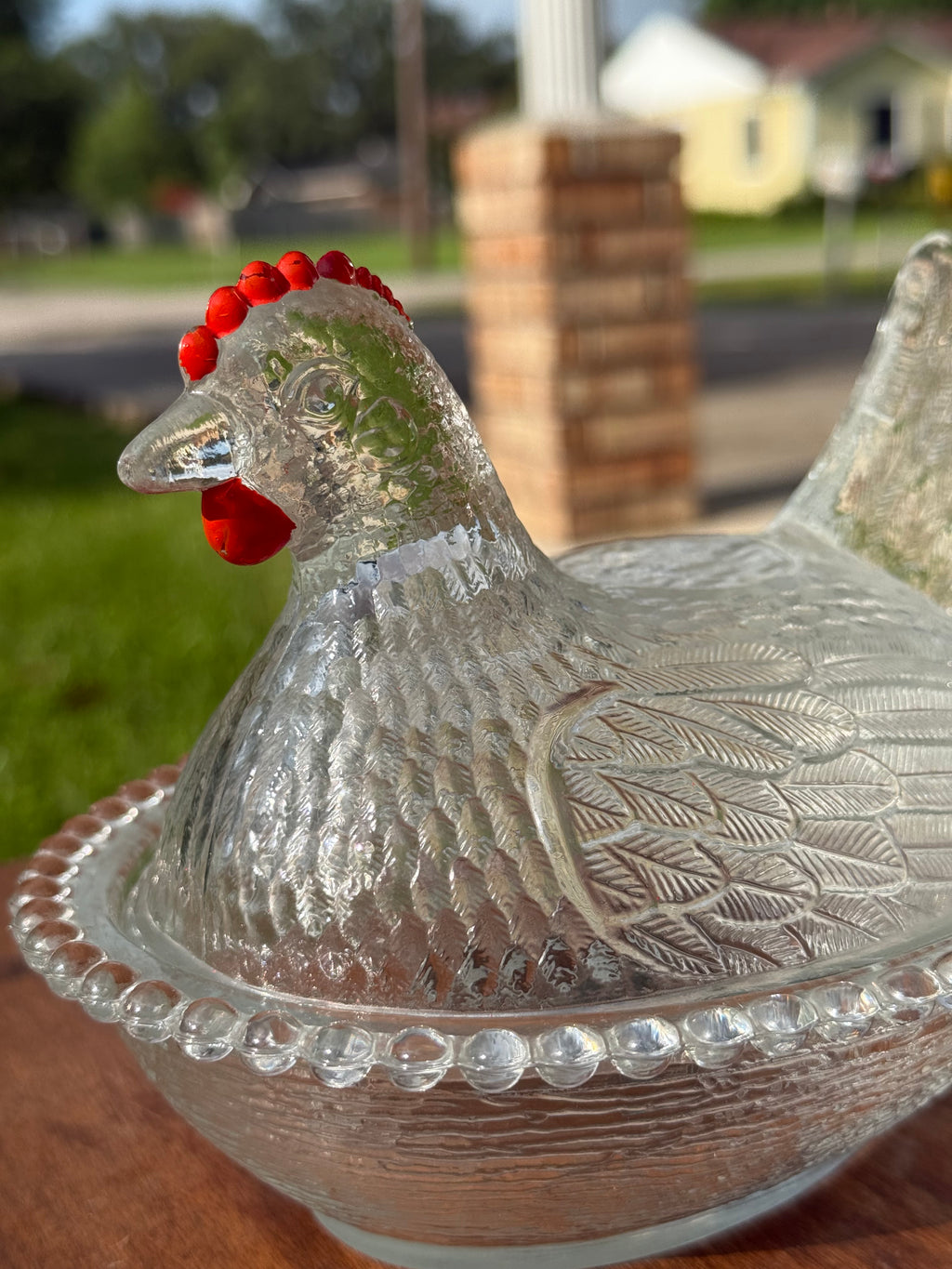 Clear glass Indiana Hen on Nest with Red Frill