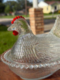 Clear glass Indiana Hen on Nest with Red Frill