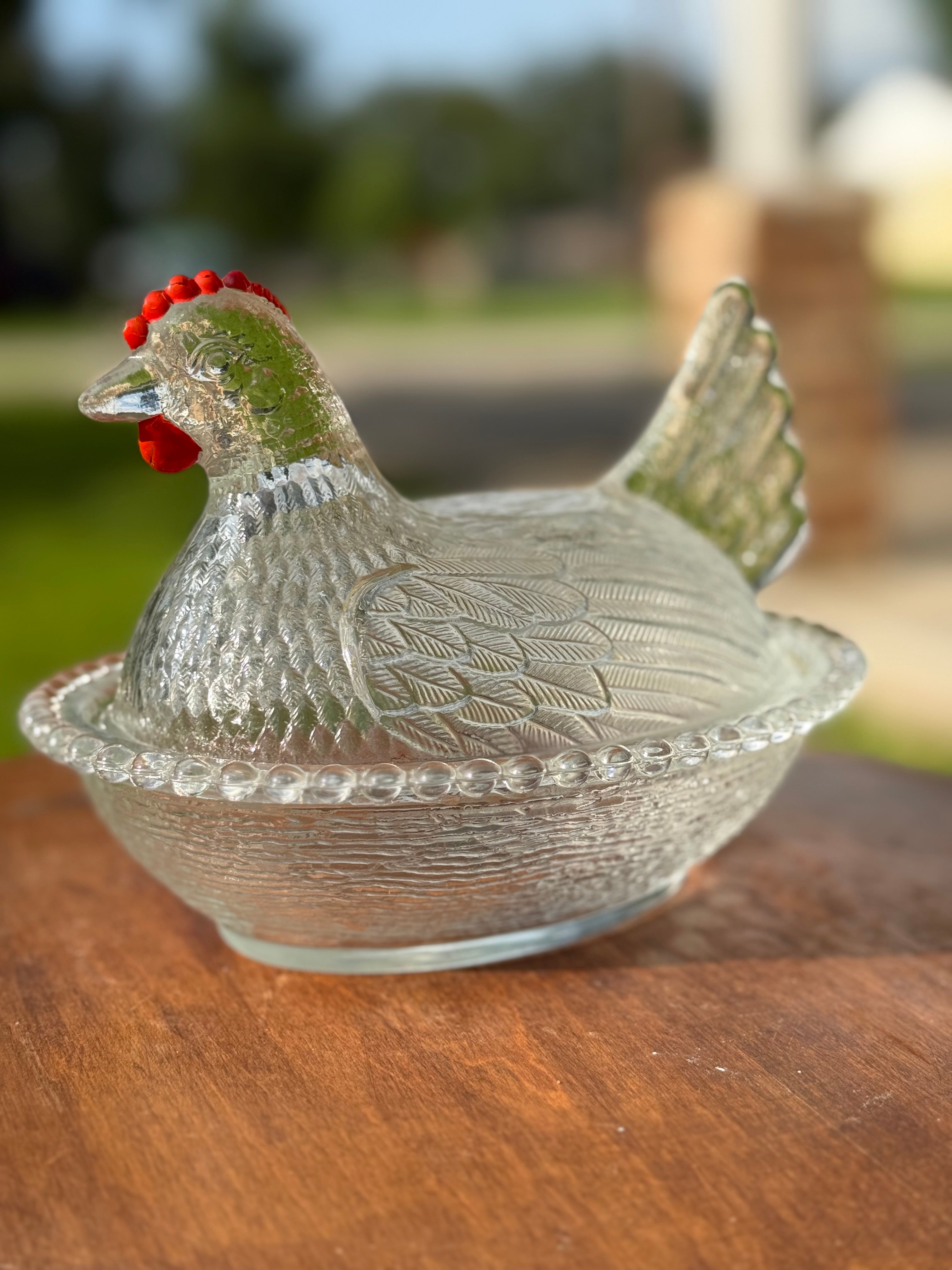 Clear glass Indiana Hen on Nest with Red Frill